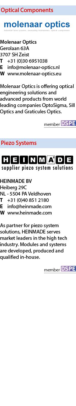 Optical Components  Molenaar Optics Gerolaan 63A 3707 SH Zeist T +31 (0)30 6951038 E info@molenaar-optics.nl W www.m...